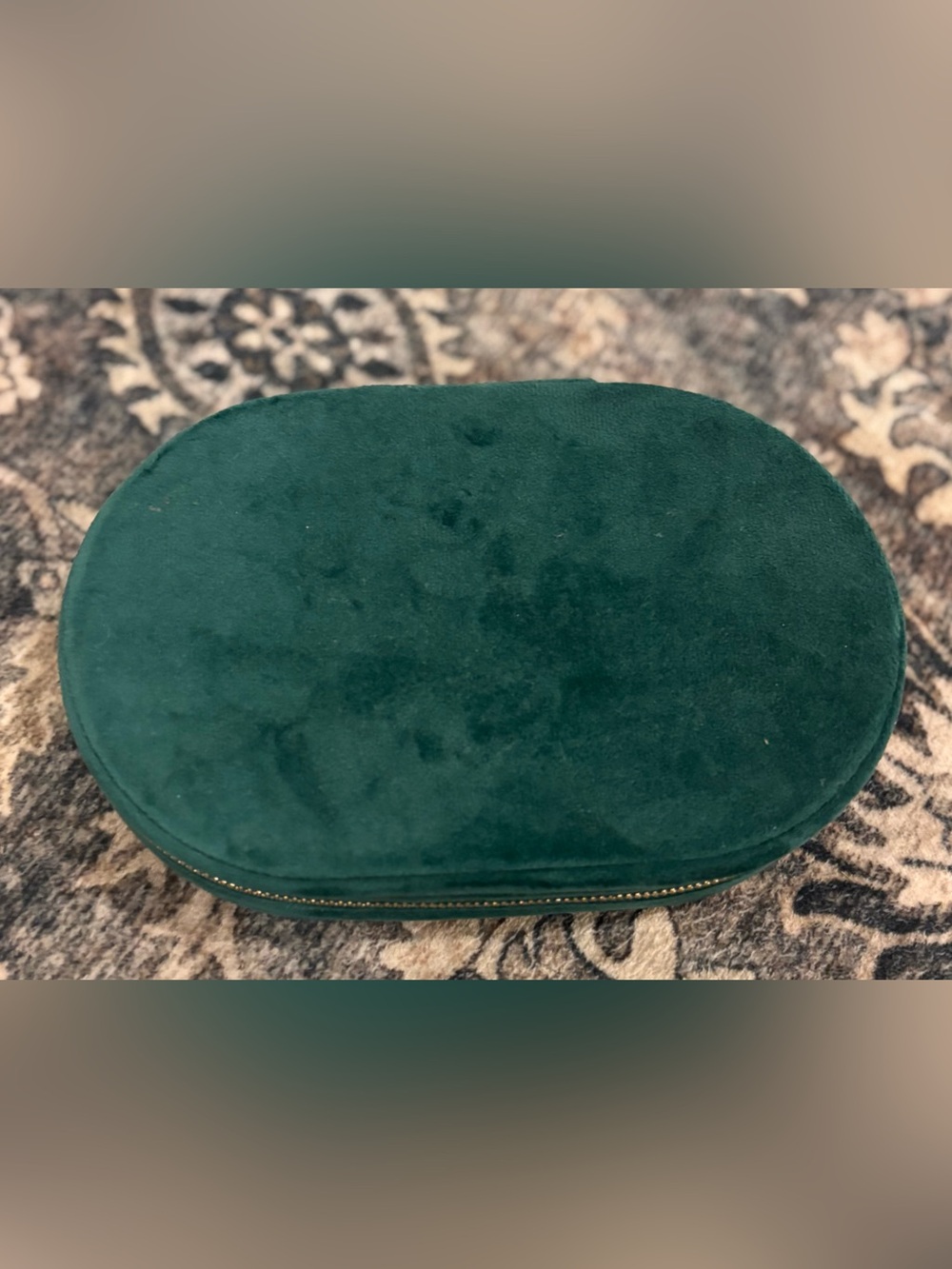 Green Velvet Oval Jewelry Box Travel Case Organizer Mirror Gold Zip NWOT
